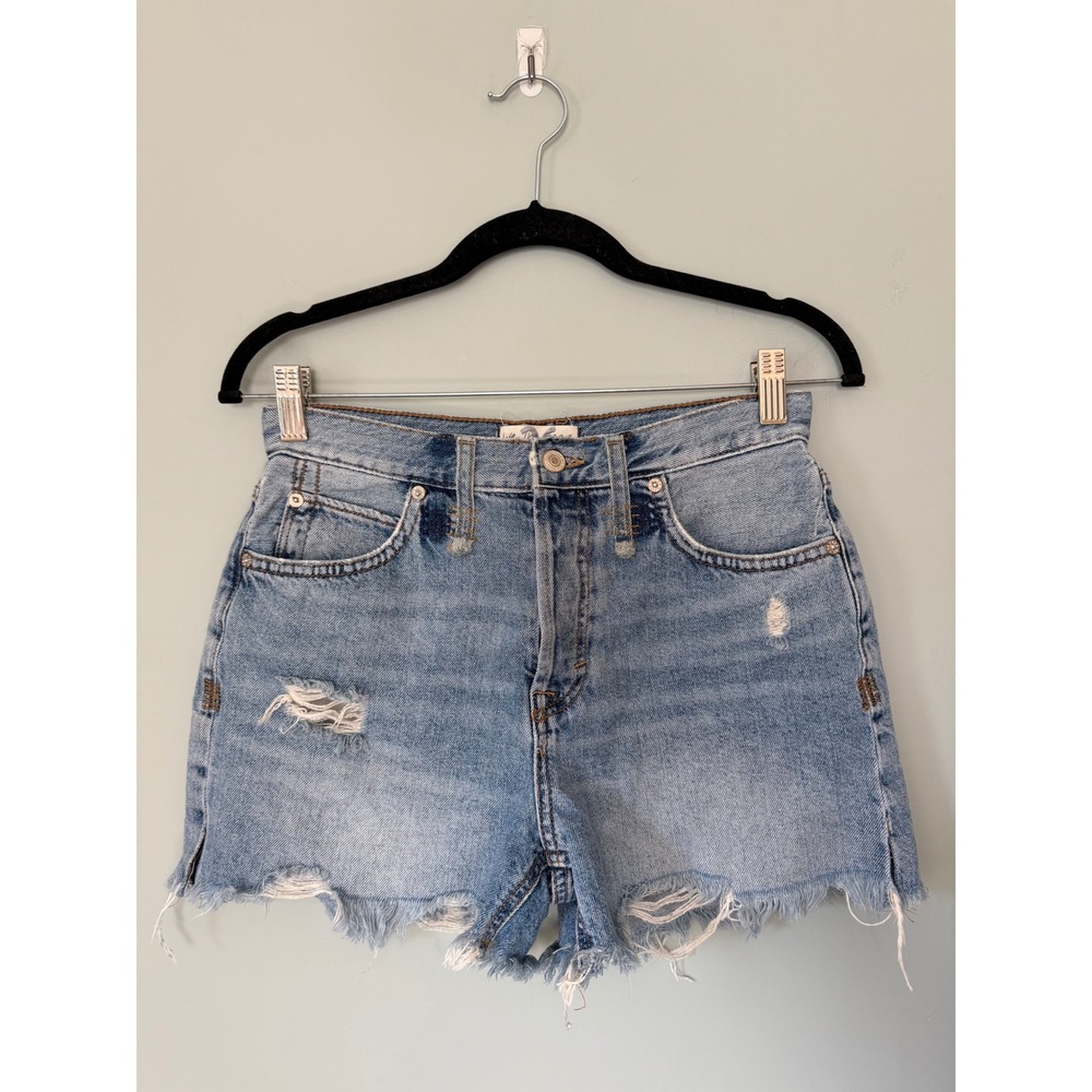 Free People Light Wash Distressed High Rise Raw Hem Cutoff Denim Jean Shorts 26